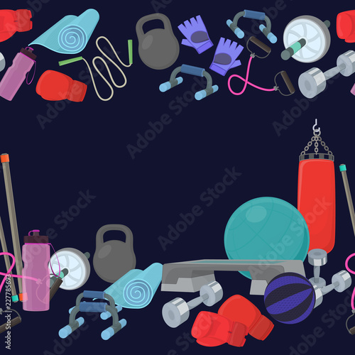 Seamless horizontal borders of fitness accessories, cartoon illustration of gym equipment for home exercise. Vector