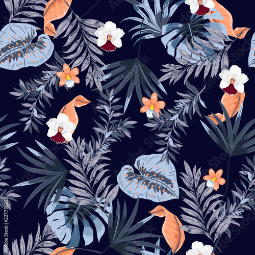 Hawaii print vector seamless beautiful artistic Bright summer tropical pattern with exotic forest. Colorful original stylish floral mix with leaves  background ,