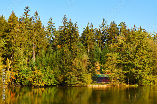 Cottage by pond in forest in autumn photo