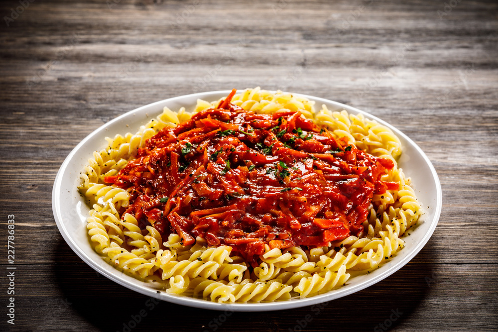 Fusilli with meat, tomato sauce and vegetables Fusilli with meat, tomato sauce and vegetables
