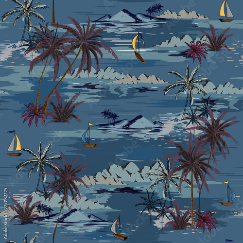 Beautiful seamless island pattern on white background. Landscape with palm trees,beach and ocean vector