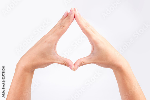 yoga hand making rhombus diamond isolated on white background photo