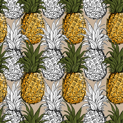 Summer fresh outline pineapple Seamless pattern with hand drawing mix with sweet colorful stripe polkadots