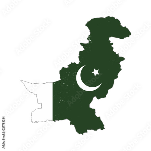Pakistan country silhouette with flag on background, isolated on white