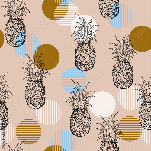 Trendy vintage Summer fresh outline pineapple Seamless  pattern with hand drawing  mix with sweet colorful stripe polka dots Vector illustration repeat