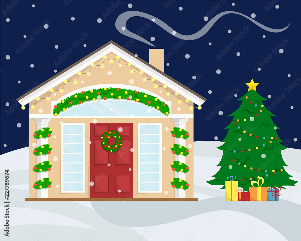 Christmas house with New Year decoration. Winter holidays. Christmas wreath. Flat winter vector illustration. Christmas tree with gifts.