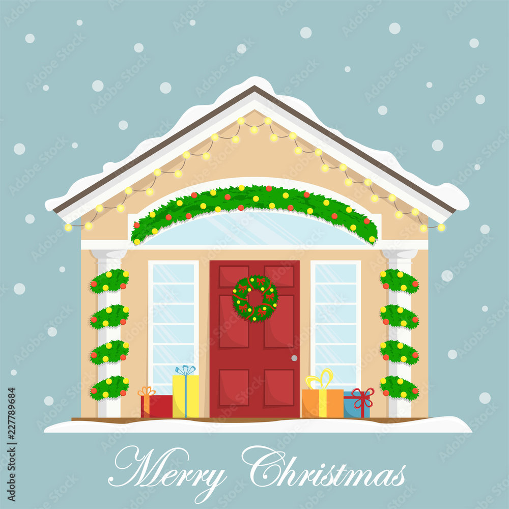 Christmas house with New Year decoration. Winter holidays. Christmas wreath. Flat winter vector illustration. Greeting card.