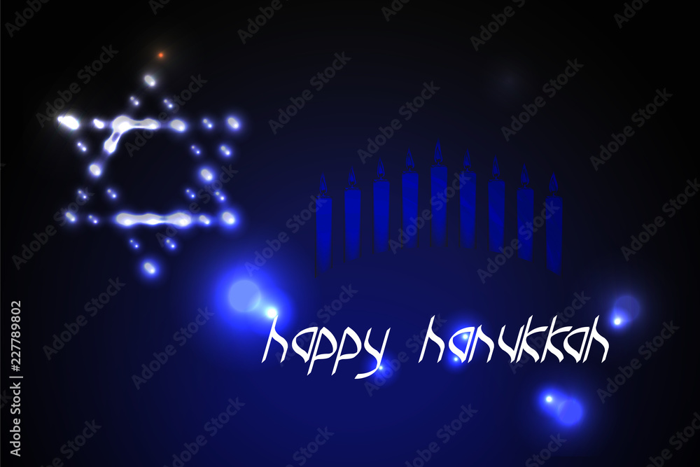 Fototapeta premium Burning Star of David on a dark magic background with nine candles - banner for Hanukkah Chanukah. Vector composition Greeting card for traditional jewish Israel holiday