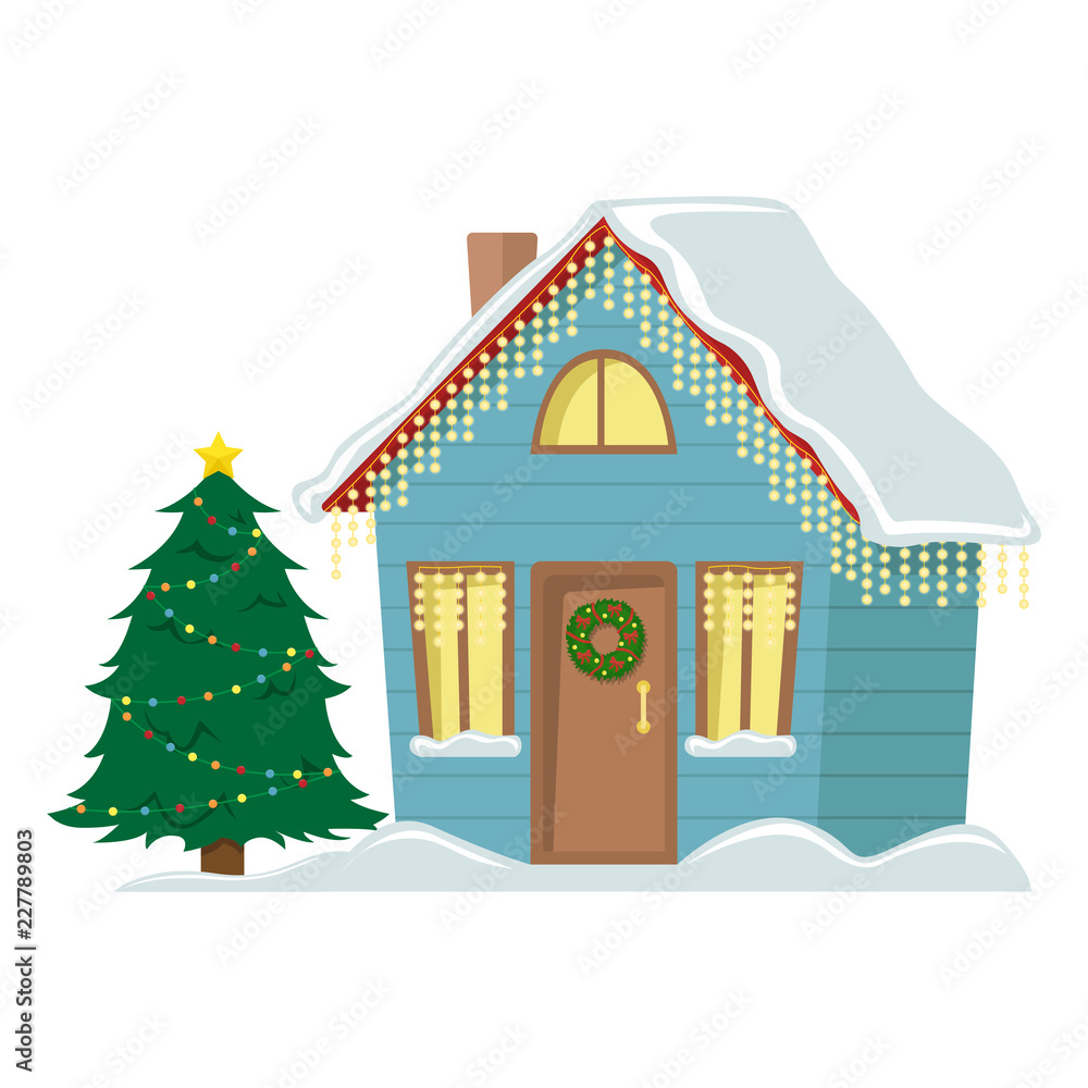 Country cottage decorated with Christmas garland. Flat vector illustration. Christmas tree. Christmas house