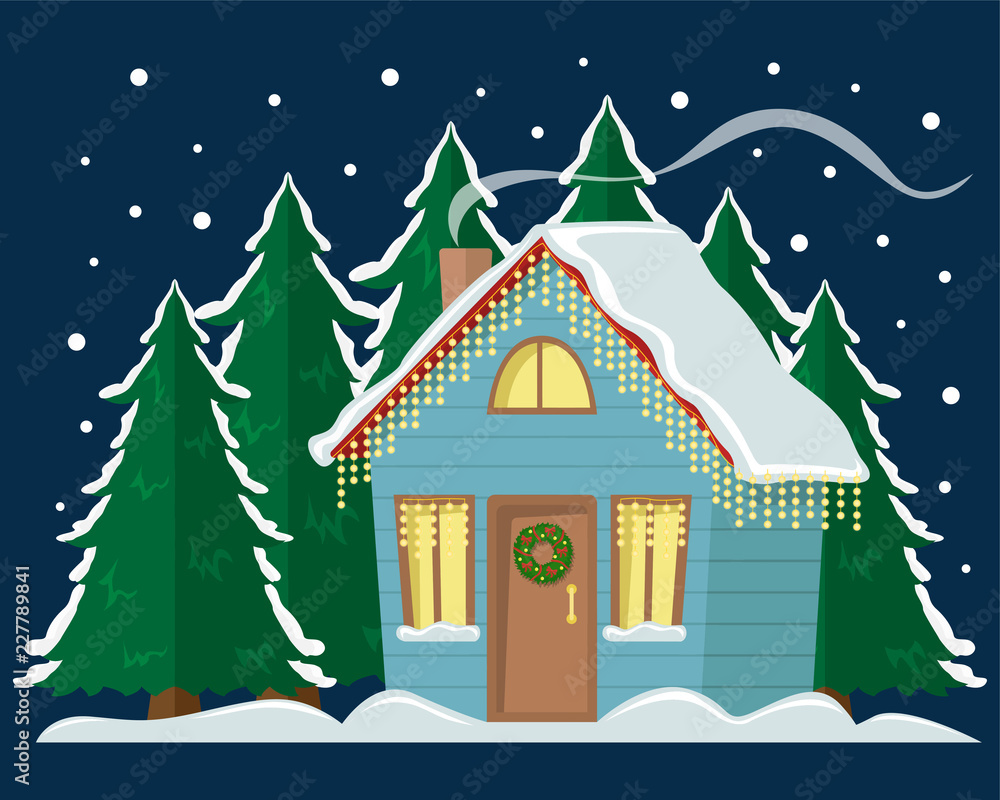 Country cottage decorated with Christmas garland. Flat vector illustration. Christmas tree. Christmas house
