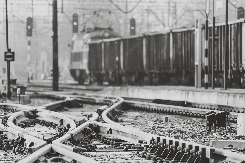 Obraz premium Railway tracks crossing with a blurred cargo train in the background (black and white image)