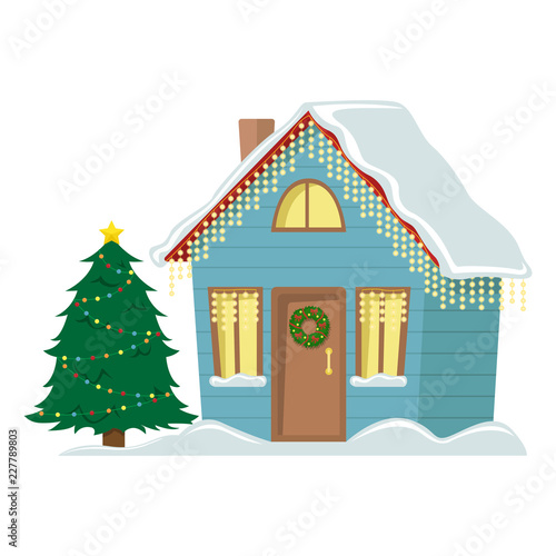 Country cottage decorated with Christmas garland. Flat vector illustration. Christmas tree. Christmas house © ArTalya