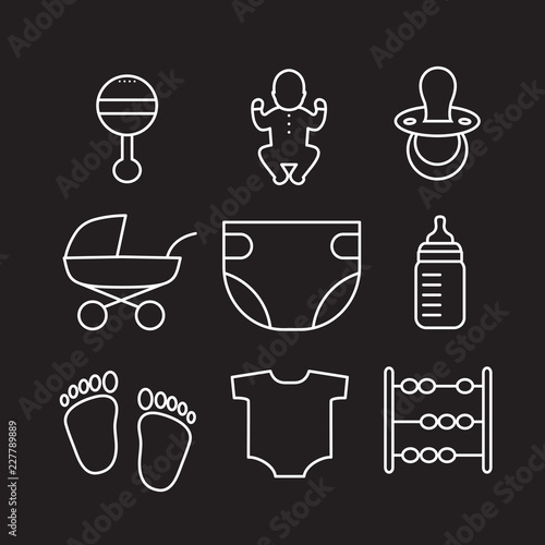 Vector set of outline baby icons such as baby carriage, diaper, feeding bottle, rattle, baby, pacifier, footprints, bodysuit, toy abacus. White baby icons on black background.