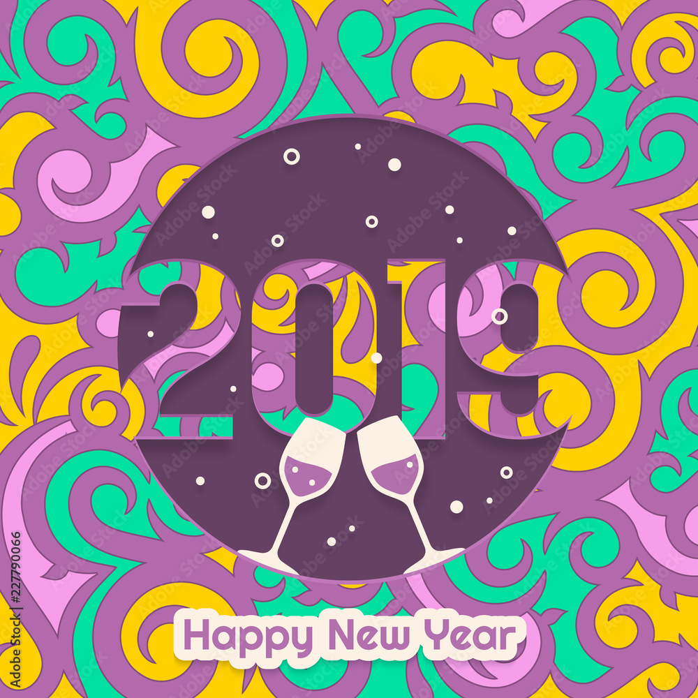 2019 Happy New Year greeting card with numbers and thematic items cut from paper. Vector. 2019 Happy New Year greeting card with numbers and thematic items cut from paper. Vector.