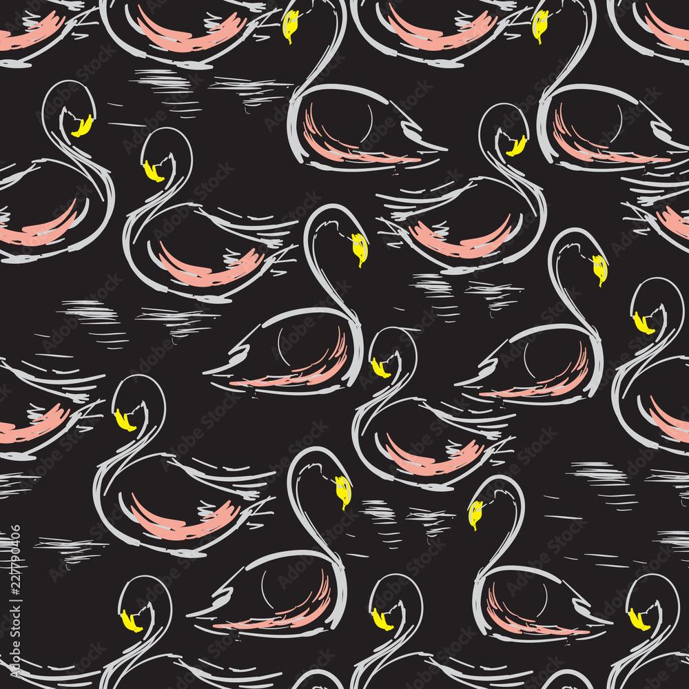 Naklejka premium Beautiful hand drawing seamless pattern with swans on the lake.