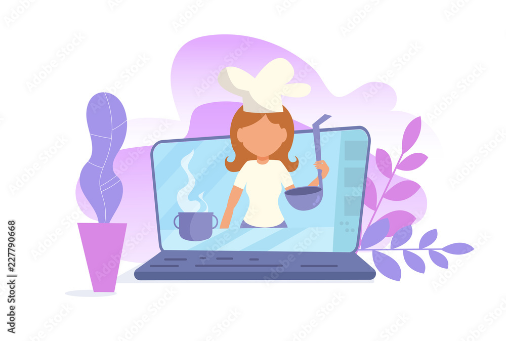 Concept of online video blog. Training Vlogger Cooking Vector. Cartoon.  Isolated art on white background. Stock Vector | Adobe Stock