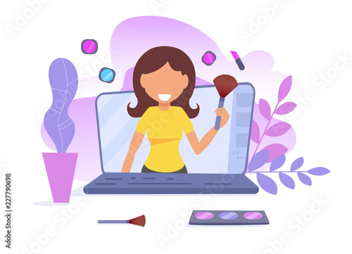 Concept of online video blog. Training Vlogger Vector. Cartoon. Isolated art on white background.