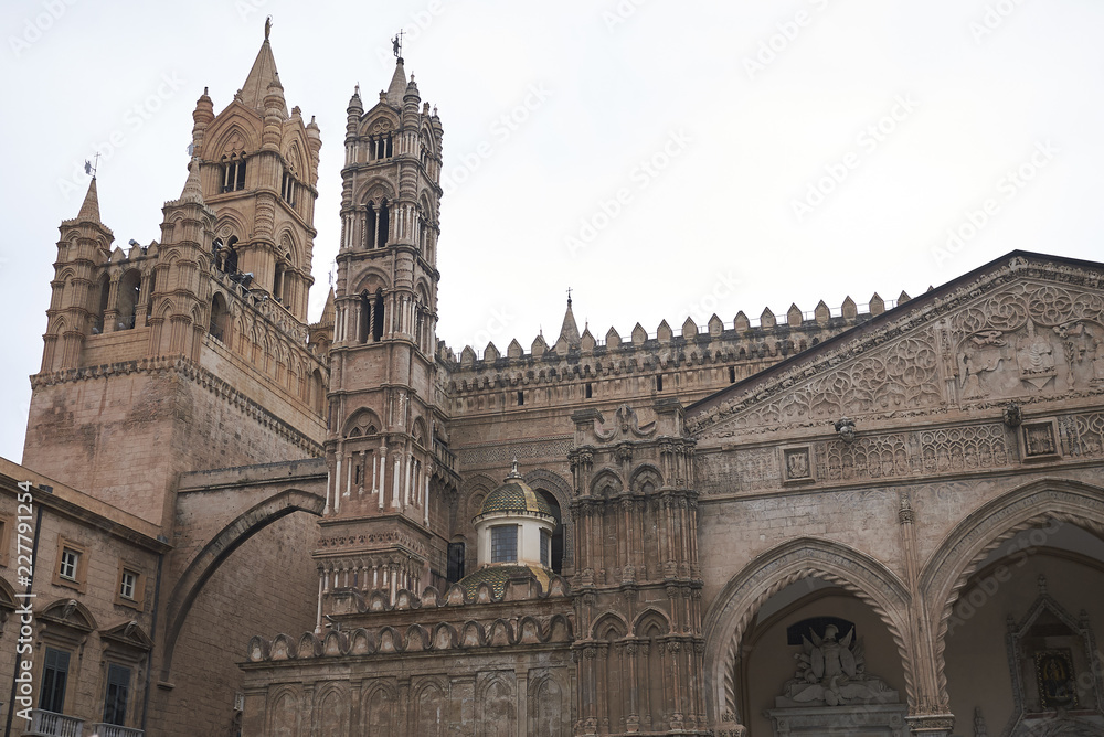 Palermo, Italy - September 07, 2018 : View of Palermo cathedral and its portico by Domenico and Antonello Gagini