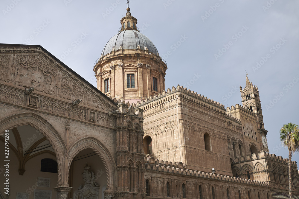 Palermo, Italy - September 07, 2018 : View of Palermo cathedral and its portico by Domenico and Antonello Gagini