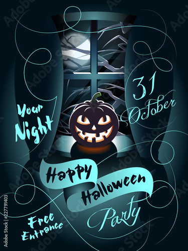 Pumpkin on the windowsill. Vector illustration for celebration Halloween