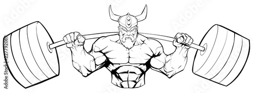 Line art illustration of strong Viking warrior doing squats with a barbell on white background.