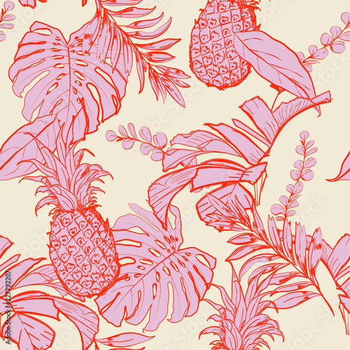 Summer vibes Outline hand drawing Exotic leaves seamless pattern. Tropical leaves and flowers summer vector