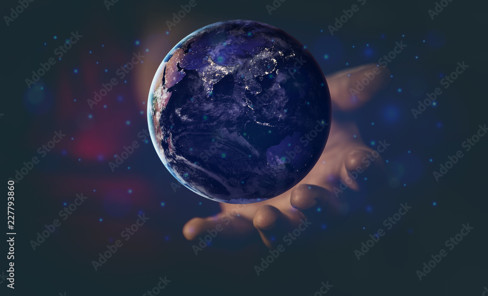 Energy and ecology concept, Human hand holding flying earth, Elements of this image furnished by NASA Energy and ecology concept, Human hand holding flying earth, Elements of this image furnished by NASA