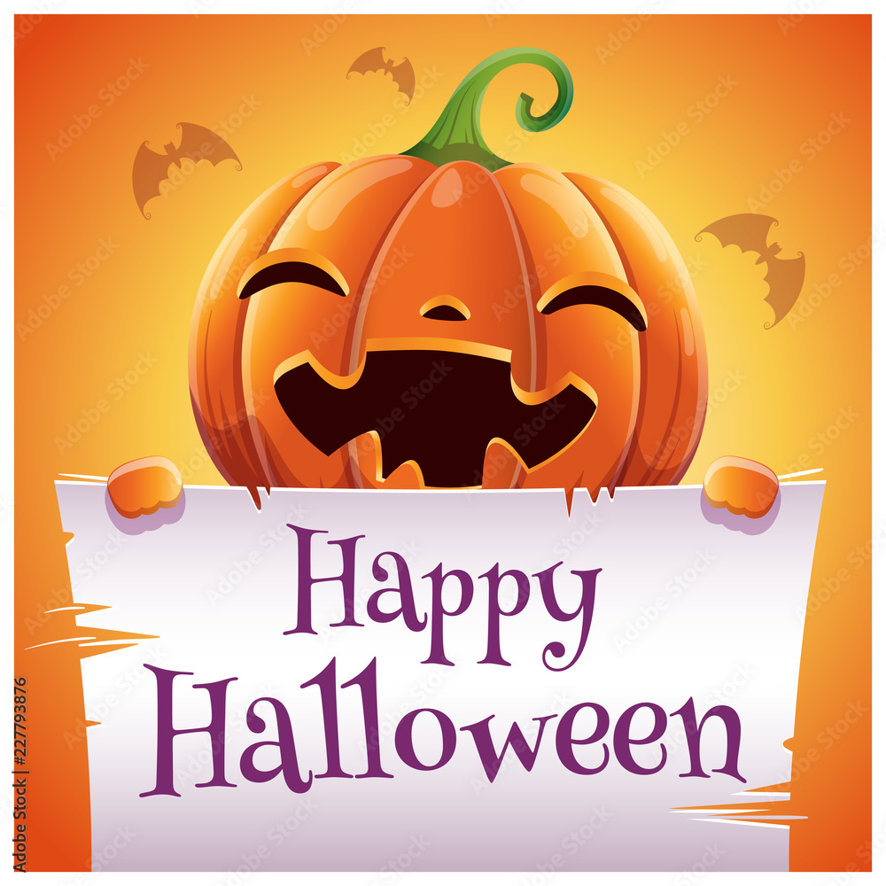 Happy Halloween poster with smiling pumpkin with parchment on orange background. Happy Halloween party. Happy Halloween poster with smiling pumpkin with parchment on orange background. Happy Halloween party.