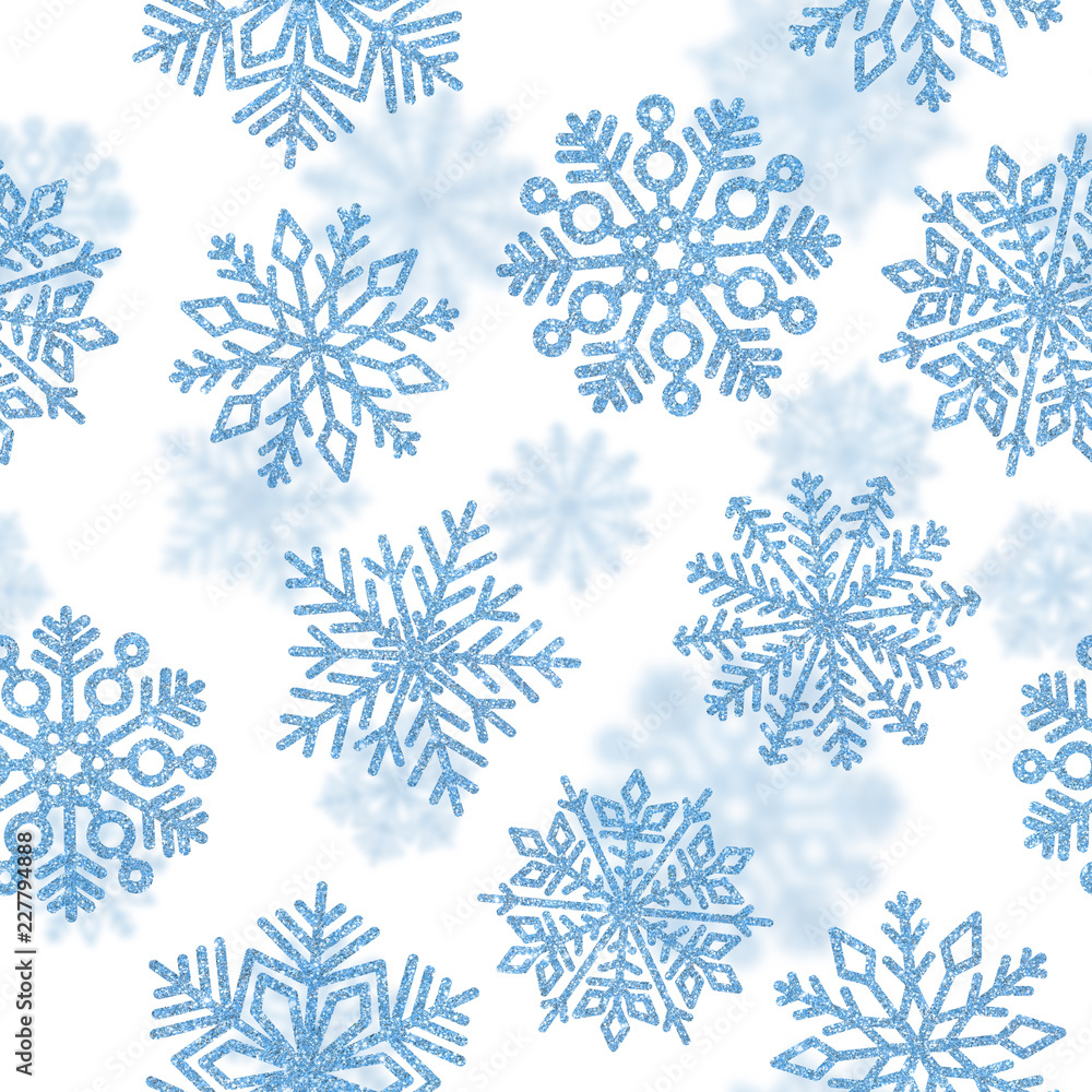 Seamless pattern with blue shiny snowflakes. Christmas decoration of sequin confetti. Glitter powder sparkling background. Seamless pattern with blue shiny snowflakes. Christmas decoration of sequin confetti. Glitter powder sparkling background.
