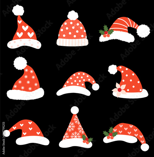 Funny Christmas vector set with Santa hats in red and white with dots, stripes and snowflakes for holiday graphic design