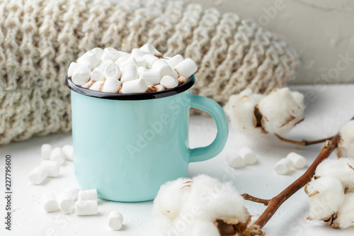 Mug of cocoa with marshmallows and winter decor