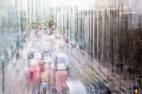 Canary Wharf, Bank street with taxis. Blurred image for background. London, UK