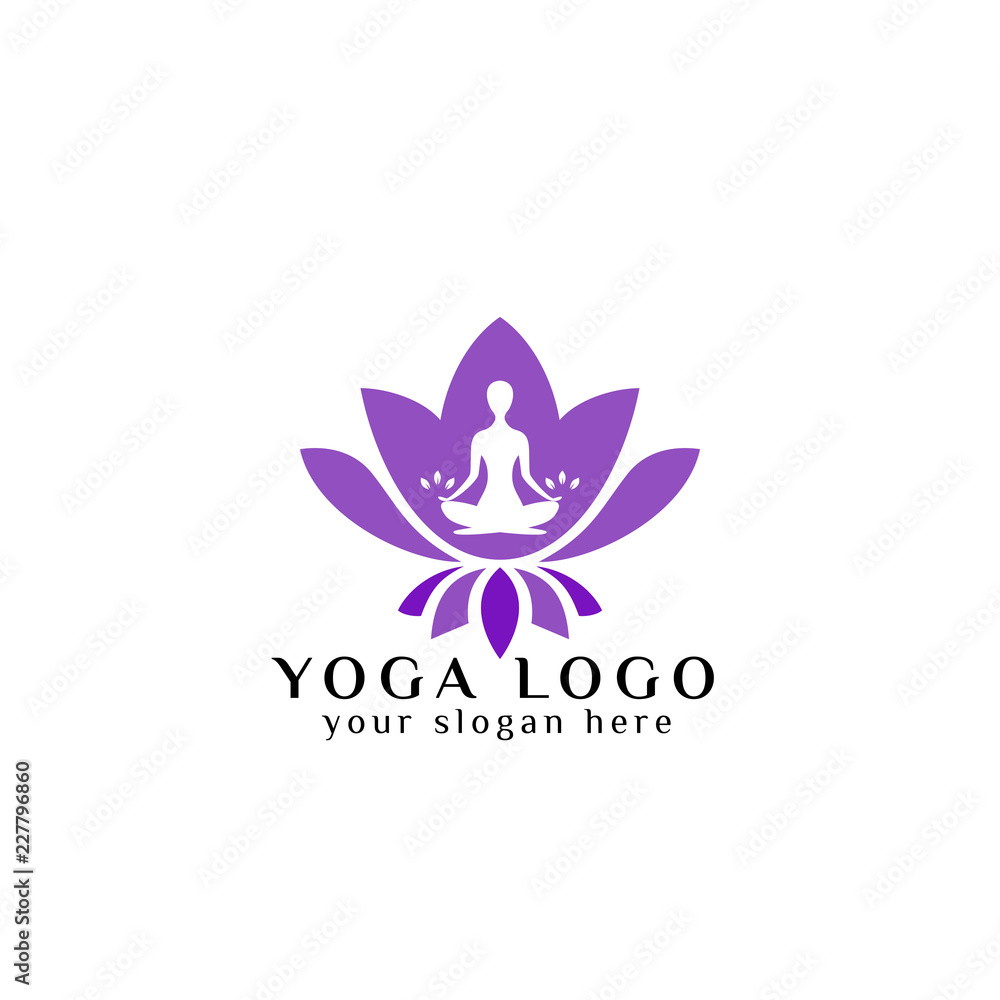 yoga logo design stock. human meditation in lotus flower vector illustration in purple color