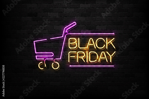Vector realistic isolated neon sign of Black Friday logo for decoration and covering on the wall background. Concept of sale and discount.