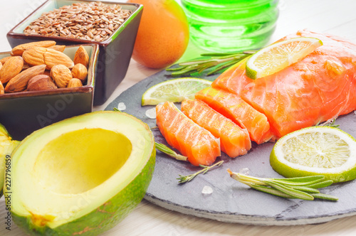 Omega 3 sources - fish, avocado, nuts, linen seeds, egg