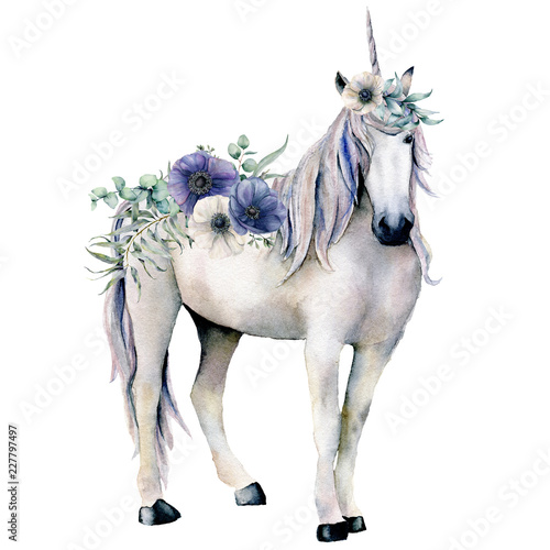 Dekoracja na wymiar  watercolor-elegant-white-unicorn-with-anemone-flowers-bouquet-hand-painted-magic-horse-white-and-blue-anemone-isolated-on-white-background-fairytale-character-illustration-for-design-print