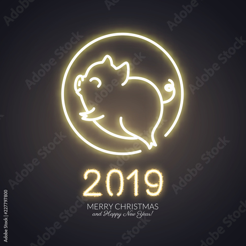 Cute pig neon logo, New year 2019 gold shiny glow design, chinese horoscope symbol, vector illustration