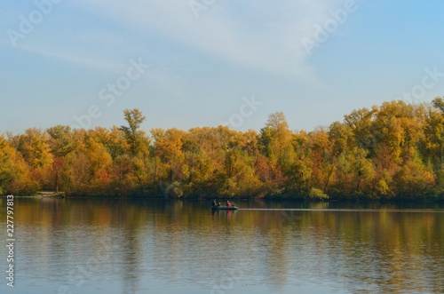 reflections of yellow autumn trees in a river. Blue sky and water, autumn forest, autumn colors