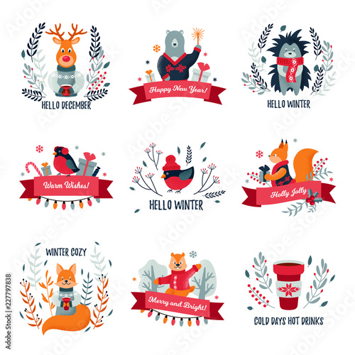 Set of Christmas / winter labels with cute forest animals. Vector illustration. Christmas design. Winter Cozy. Hello December. Cold days hot drinks. Happy New Year.