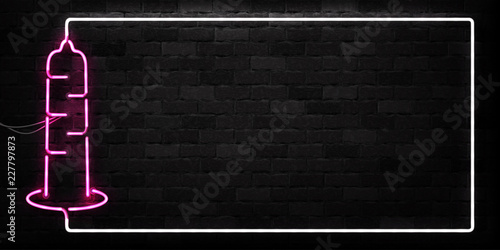 Vector realistic isolated neon sign of Condom frame logo for decoration and covering on the wall background. Concept of contraceptive method and sexual protection.