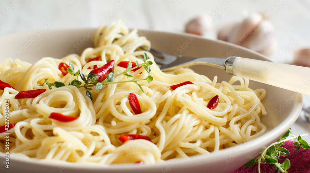 Spaghetti with garlic, olive oil and hot red pepper Spaghetti with garlic, olive oil and hot red pepper