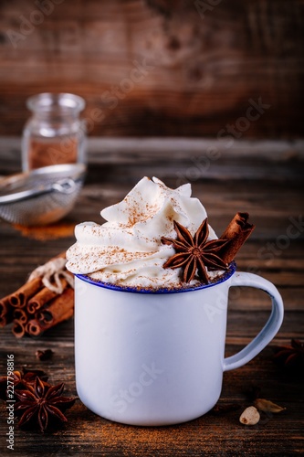 Hot chocolate drink with cinnamon and whipped cream.