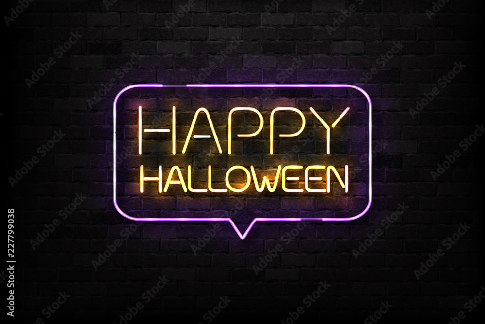 Obraz premium Vector realistic isolated neon sign of Happy Halloween logo for decoration and covering on the wall background.