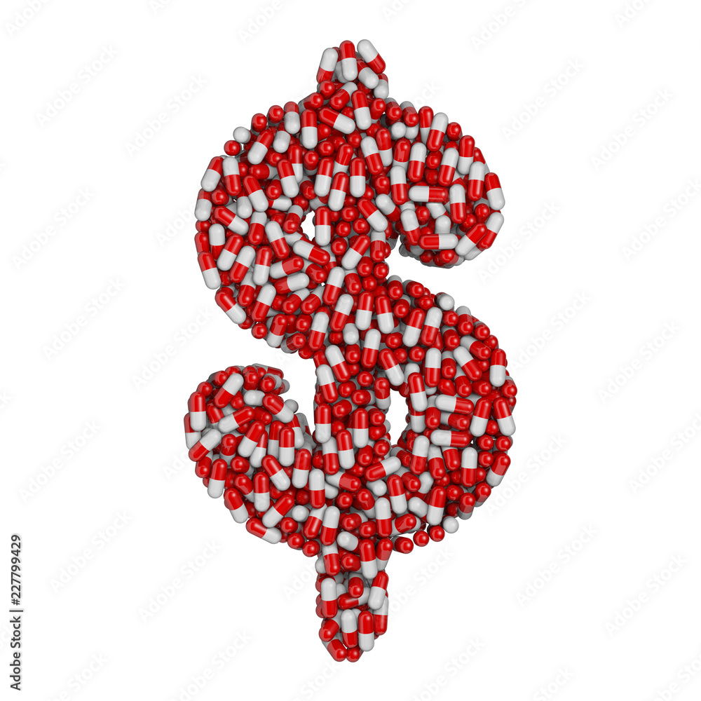pills dollars currency sign -  3d pharmaceutical symbol - therapy, laboratory or healthcare concept