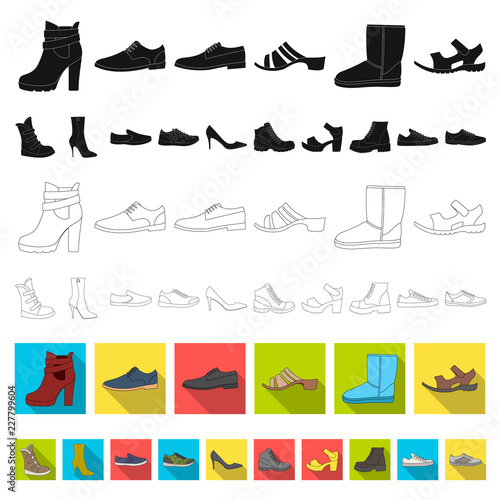 Different shoes flat icons in set collection for design. Men and women shoes vector symbol stock web illustration.