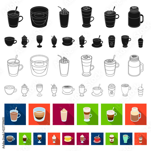 Different kinds of coffee flat icons in set collection for design. Coffee drink vector symbol stock web illustration.