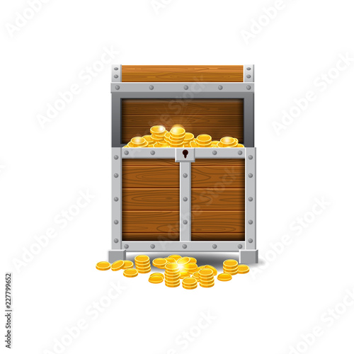 Wooden old pirate chests, full of treasures, gold coins, treasures, vector, cartoon style, illustration, isolated. For games, advertising applications