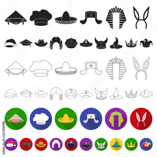 Different kinds of hats flat icons in set collection for design.Headdress vector symbol stock web illustration.