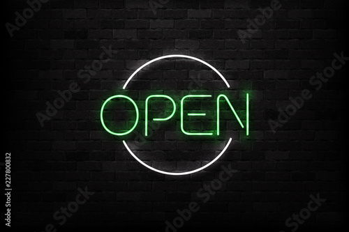 Vector realistic isolated neon sign of Open logo for decoration and covering on the wall background. Concept of restaurant and night club entry.