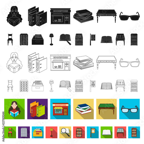 Library and bookstore flat icons in set collection for design. Books and furnishings vector symbol stock web illustration.
